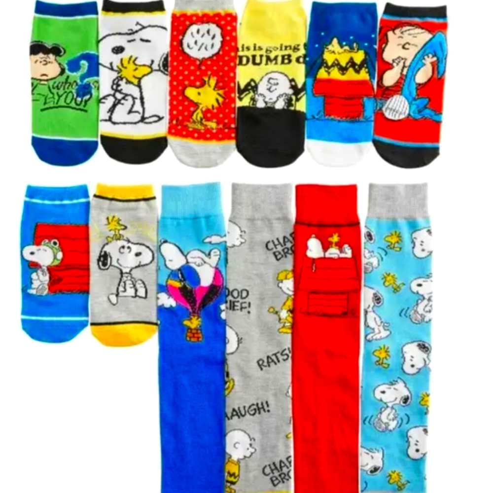Peanuts Socks Men's 8-12 Bioworld Crew Ankle 12 Pack Novelty Casual Snoopy